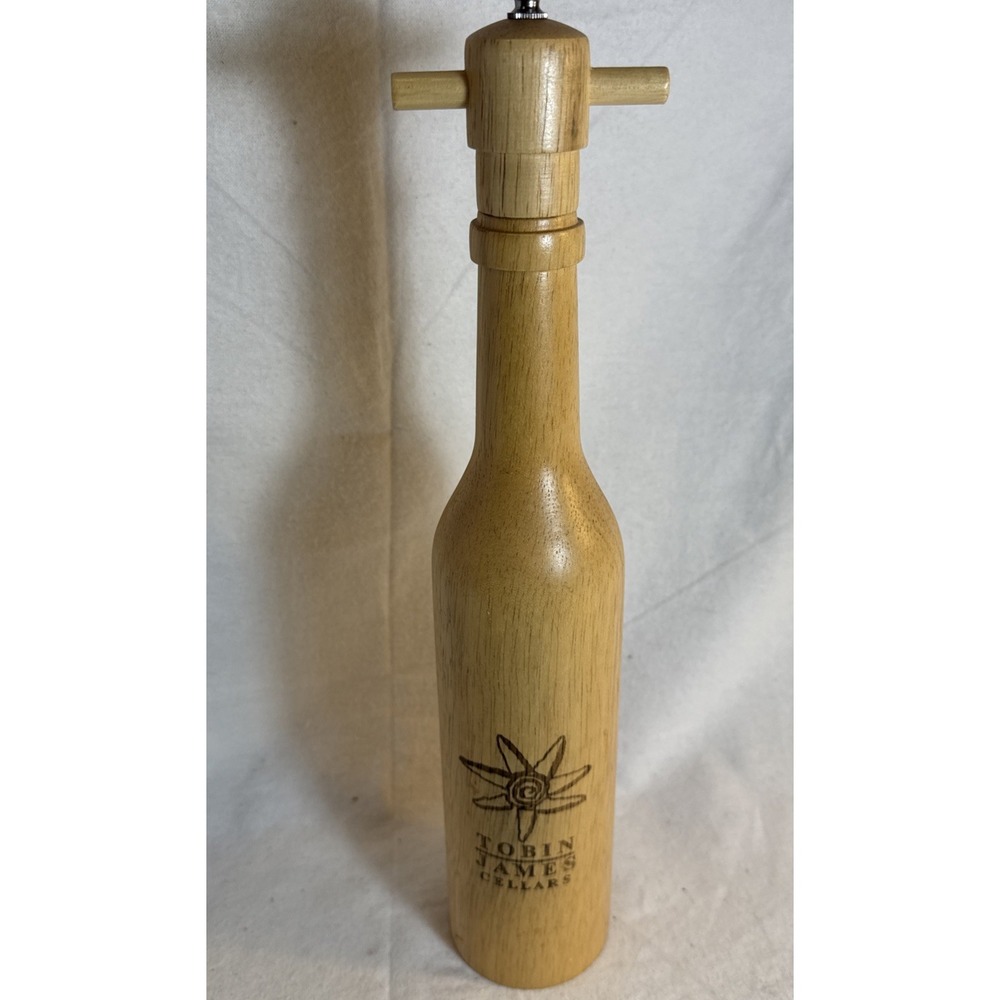TOBIN JAMES CELLARS WOOD Wine Bottle Shaped Pepper Grinder/Mill 14.5" Tall